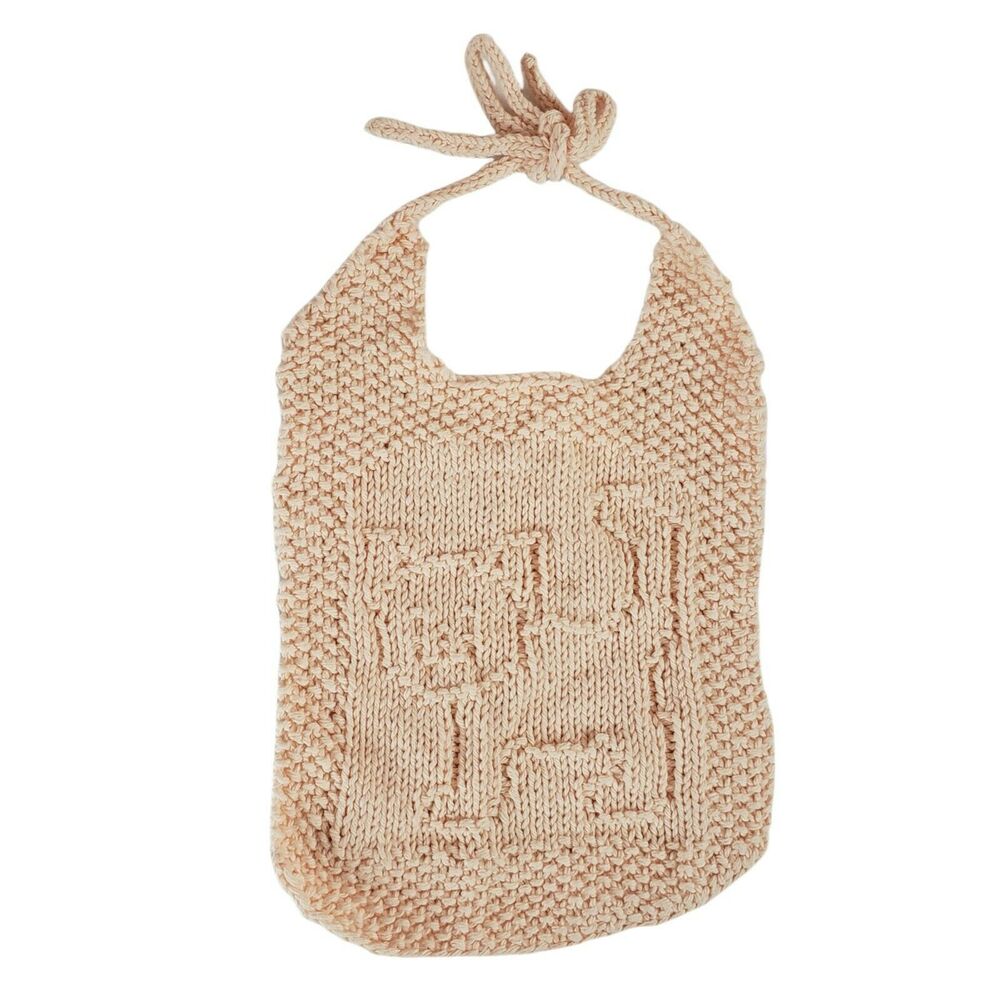 Baby Bib Hand Knitted with Cat Crochet Cotton Yarn Handmade Tie-Back Peach Pink